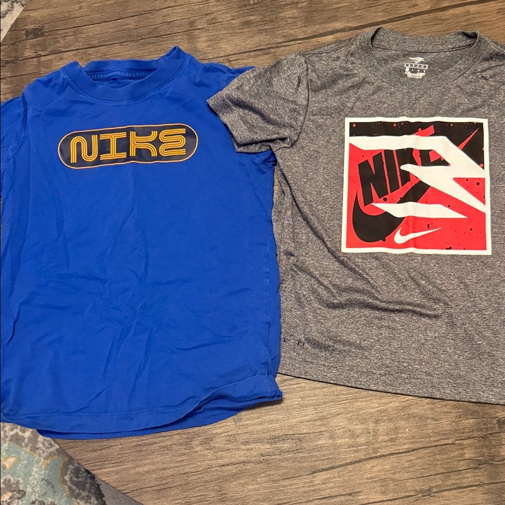 Nike Kids Blue Graphic Logo Tee with Yellow Accent